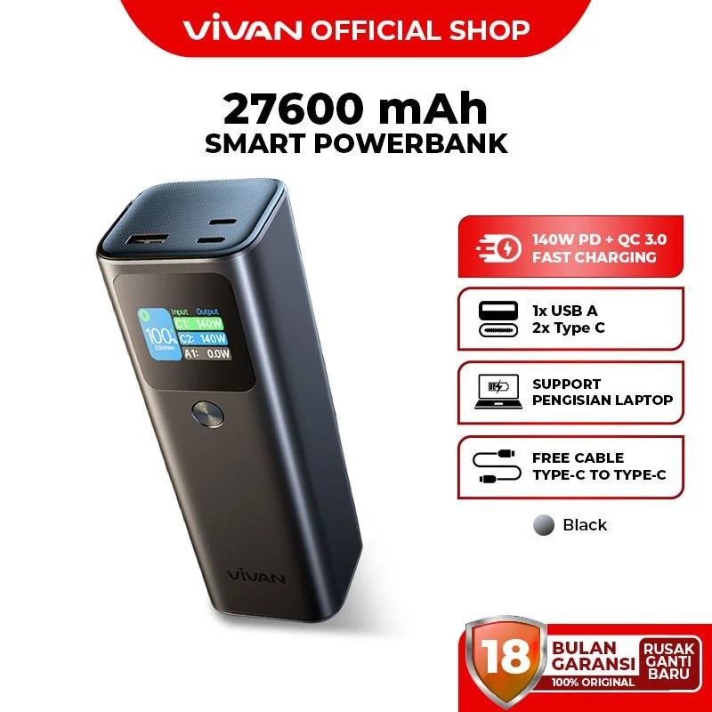 VIVAN Smart Powerbank 27600mAh VPB-T30 3 Output Fast Charging 140W PD QC 3.0 Support Notebook Garansi 18 Bulan