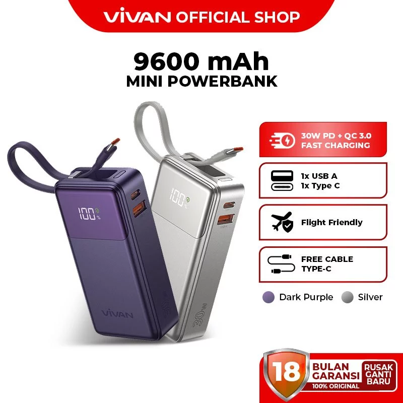VIVAN Mini Powerbank VPB-C10 PRO 9600mAh 30W Fast Charging PD QC3.0 Type C Built-in Garansi 18 Bulan
