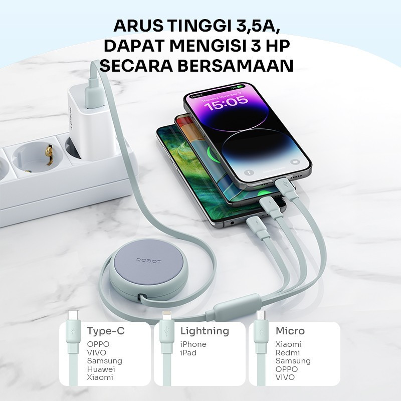 Jual Robot RAS01 Kabel Data Charger 3 In 1 Micro/TypeC/Lightning ...