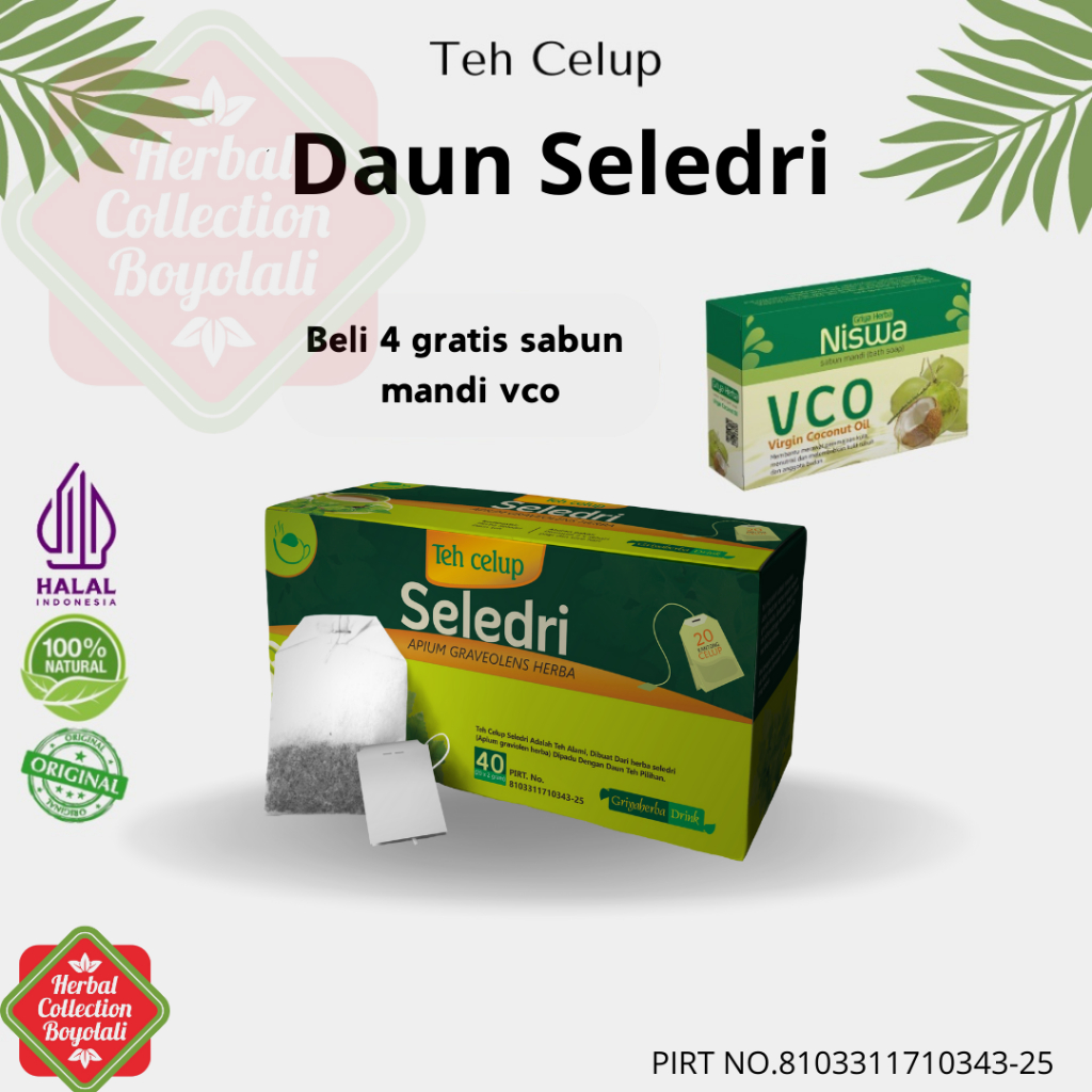 Teh herbal daun seledri Griya Herba untuk Menurunkan  tekanan darah tinggi aman alami untuk darah tinggi