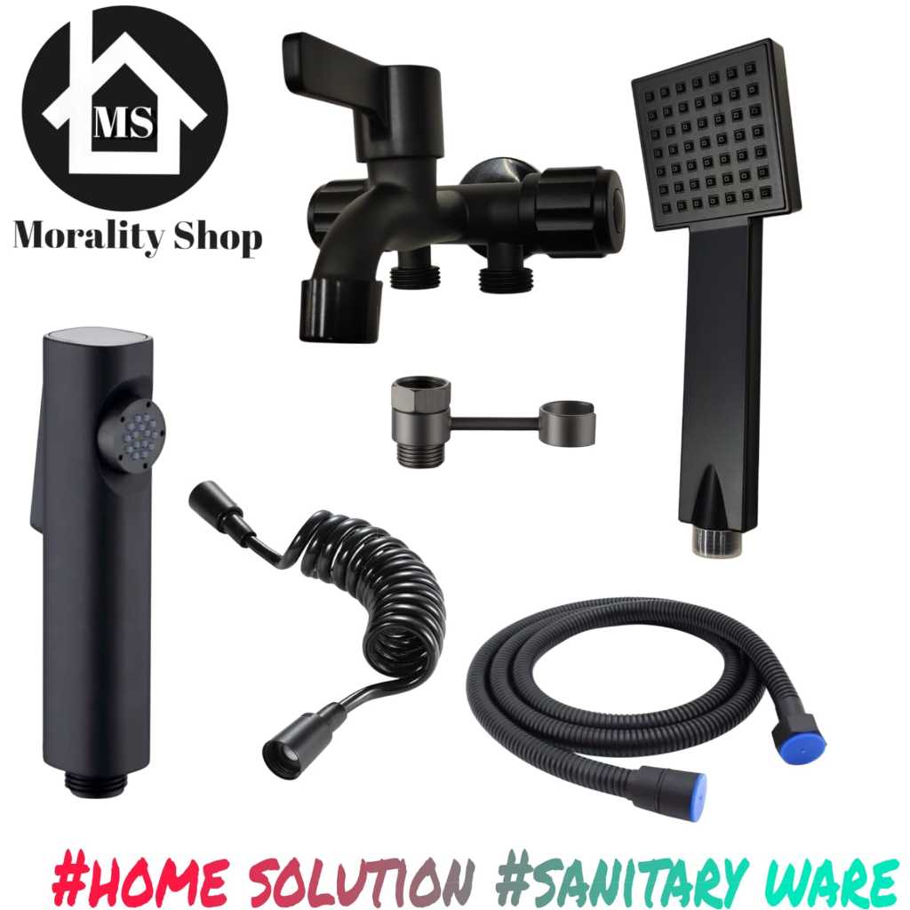 Jual paket shower set komplit full hitam hand shower jet shower spiral ...