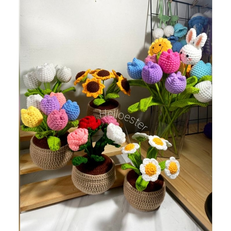 Jual Crochet Flower Pot / Bunga Rajut Dengan Pot /Crochet Flower Tulip ...