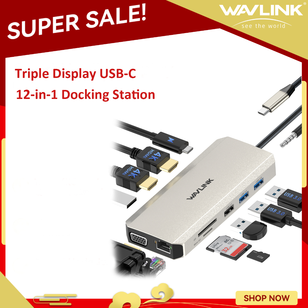 Docking Station USB-C 12 In 1 WAVLINK, Triple Display Con 2 HDMI 4K E VGA 2K, Ricarica PD 85W, Ethernet Gigabit, Lettore SD E Jack Audio