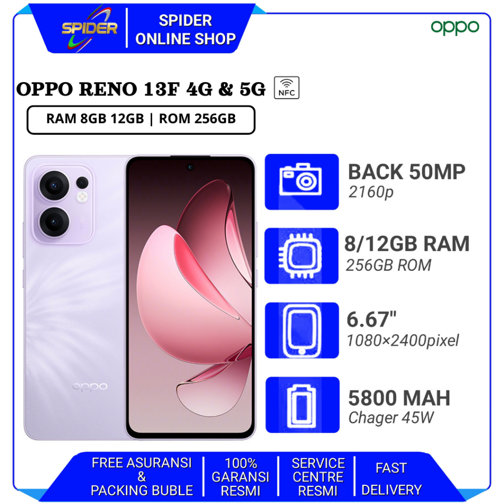 Jual OPPO RENO 13F 4G & 5G NFC RAM 8/256GB 12/256GB GARANSI RESMI ...