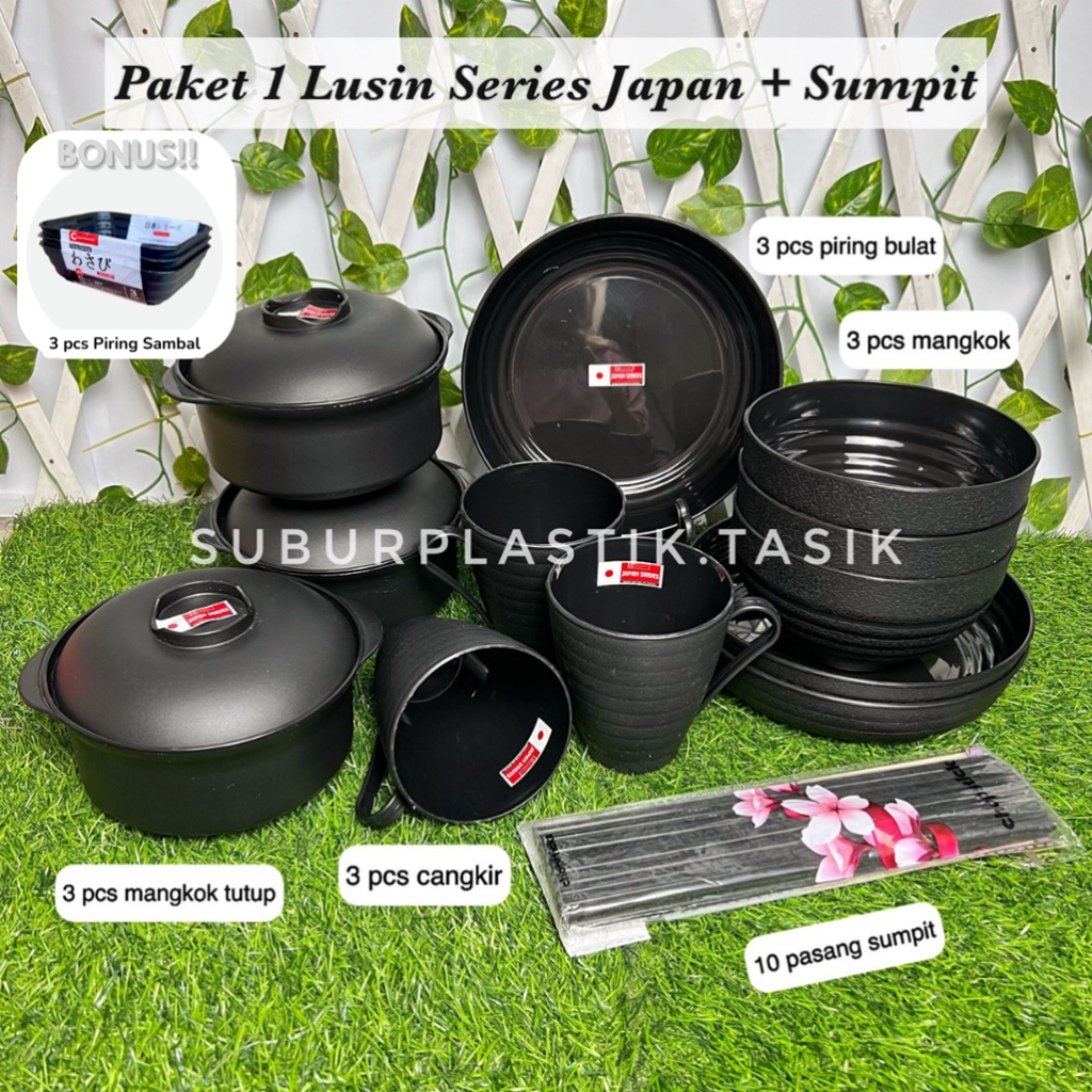 PAKET 2 JAPAN SERIES 1 Lusin Mangkuk Piring Gelas Mangkok Tutup + Sumpit Ramen Plastik Hitam Tebal