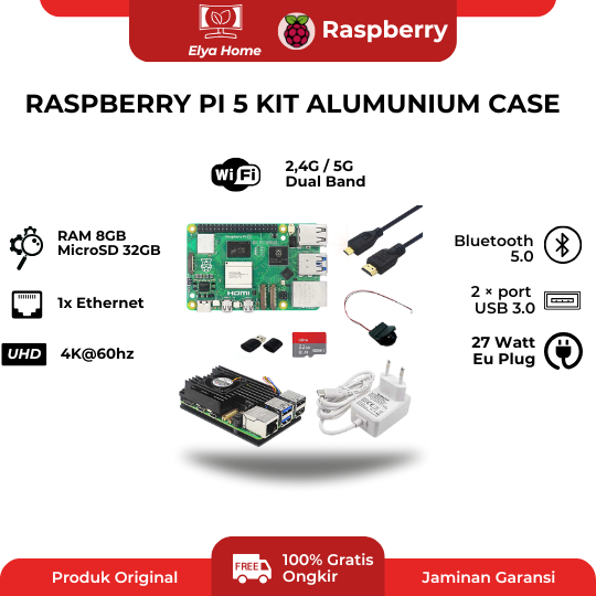 Jual Raspberry Pi 5 Kit 8GB RAM Power Supply 27W RTC Micro SD Alumunium ...
