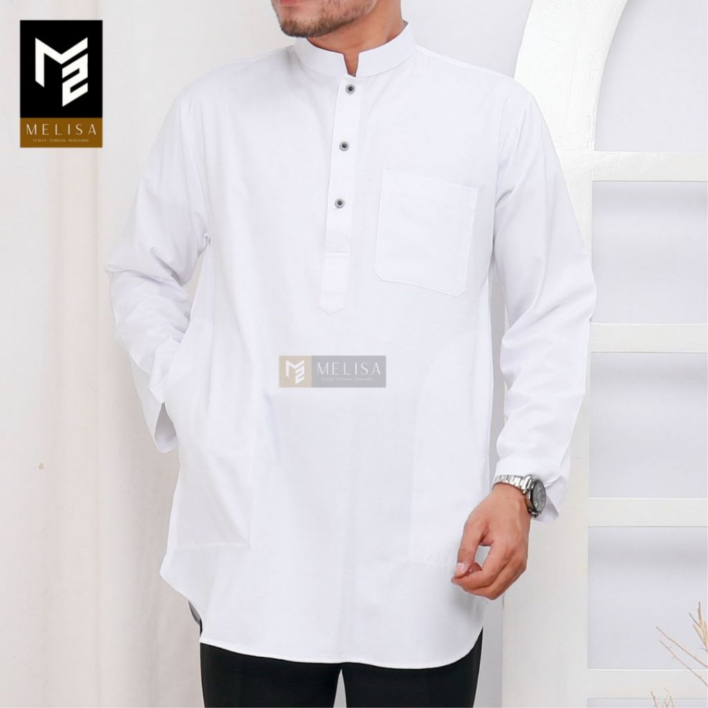 Baju Koko Kurta Lengan Panjang Baju Koko Fashion Muslim Pria Dewasa Terbaru Bahan Katun Tesla Premium Baju Koko Pakaian Muslim Pria-Warna Putih Polos