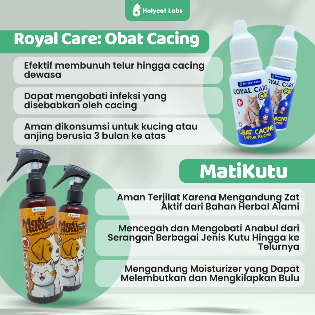Holycatlabs Paket Spesial Kucing Anjing Anti Parasit Best Seller |Mati Kutu 100ml|Royal Care Obat Cacing 10ml|