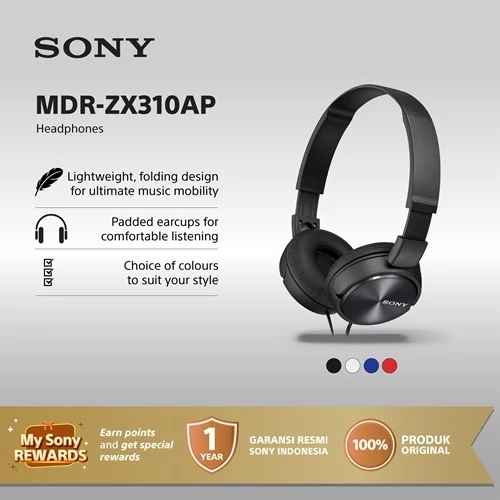 Sony MDR-ZX310AP MDR - ZX310AP Headset Overband With Microphone - Black