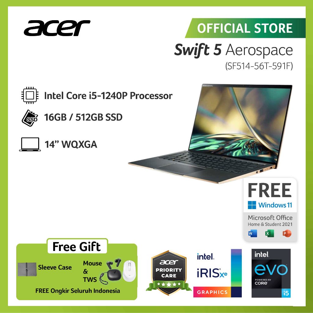 Jual (FREE WIRELESS MOUSE & TWS) ACER LAPTOP SWIFT 5 AEROSPACE SF514 ...