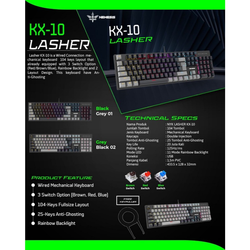 Jual KX-10 Keyboard Gaming Fullsize Mechanical NYK Nemesis LASHER KX10 ...