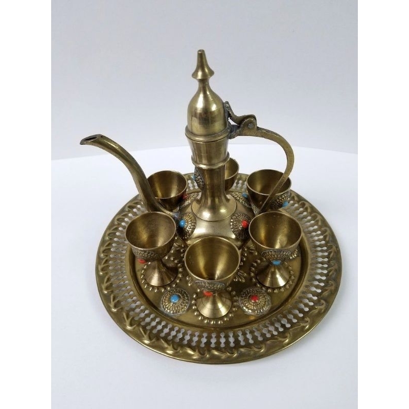Jual Vintage Arabic Brass Jeweled Dallah Aftaba Decanter Set / Tea set ...