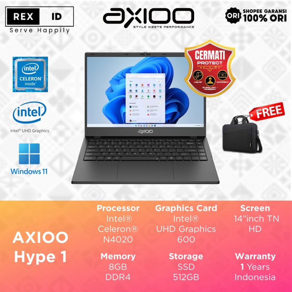 Jual Laptop Axioo Hype 1 N4020 8GB 128GB 14.0
