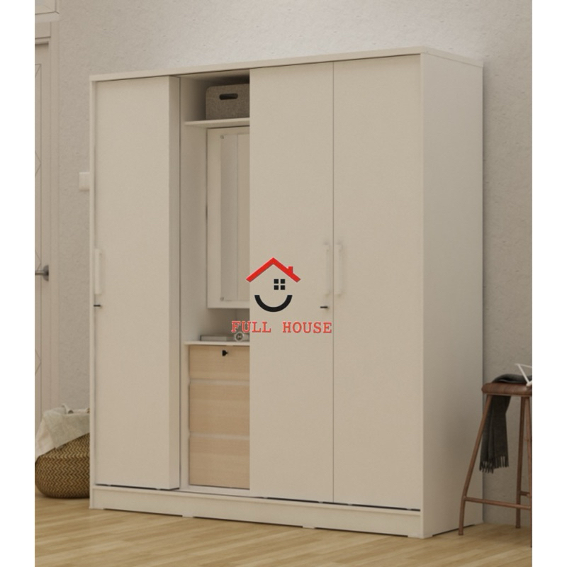 Jual lemari pakaian lemari baju 4 pintu sliding geser putih dengan kaca ...