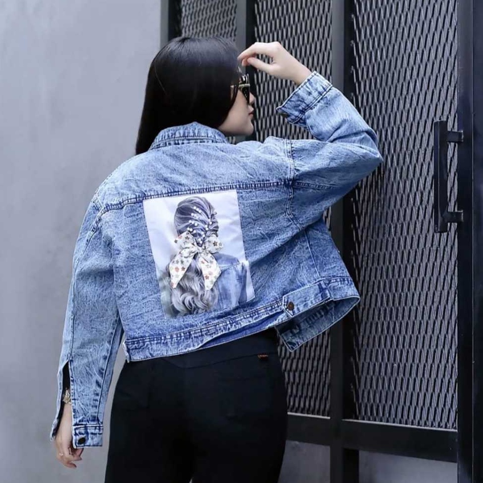 Jual KODE U44Z Jaket Jeans Premium Crop Sobek Rawis Gambar Wanita ...