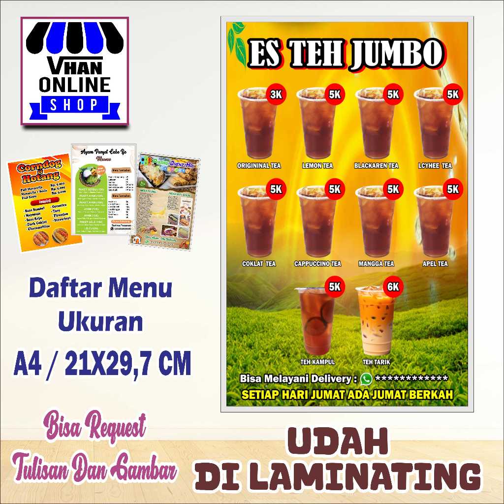 Jual Cetak Daftar Menu Es Teh Jumbo Keren Murah Bahan Kertas ...