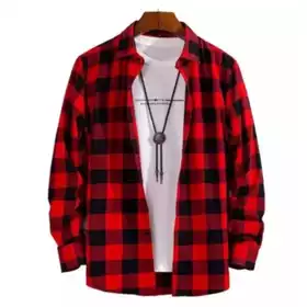 Kemeja Flanel Pria Catur Merah Lengan Panjang
