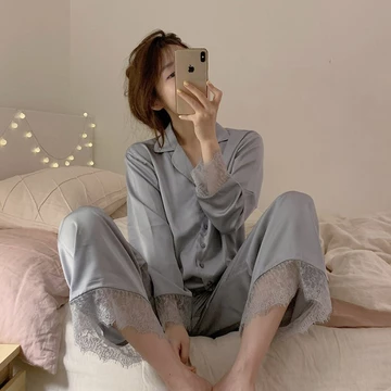 Baju Tidur Wanita Piyama Set BS 5110 Setelan Lace Renda Ice Silk Lengan Panjang Celana Panjang