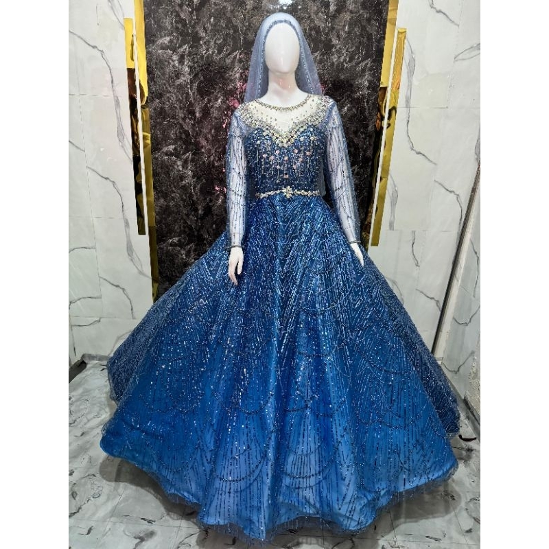 Gaun pengantin blue denim full payet