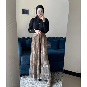 Haseena Rok Plisket Velvet Cabang Lidi Olivia Tiga Susun Bawahan Bludru Wanita Muslim Ruffle