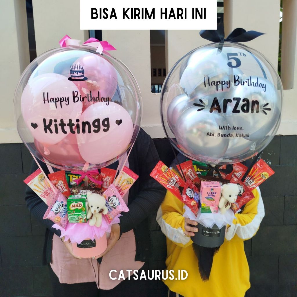 Catsaurus Buket Balon Snack (6 varian Snack) + Teddy Small untuk Ulang Tahun/Wisuda/Grand Opening/Anniversary Tinggi 60cm