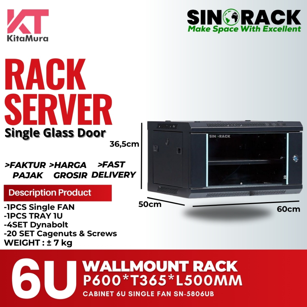 Jual Rack Server Wall Mount 6U Depth 500mm , Rack Server Single Door 6U ...
