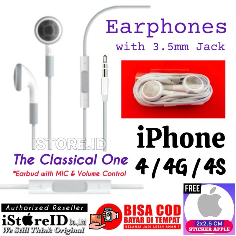 [COD] (Free: Sticker) Headset iPhone 4S Earphone Jack Universal  OEM dengan Mic dan Remote Volume Control Earbuds Handsfree Model Klasik 