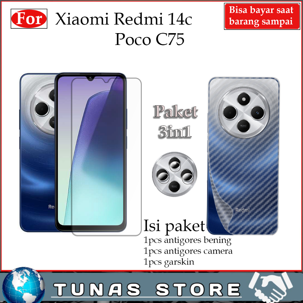 Antigores privacy anti spy Xiaomi Redmi 14C POCO C75 3IN1 Tg Tempered glass  Camera Lens Skin Carbon