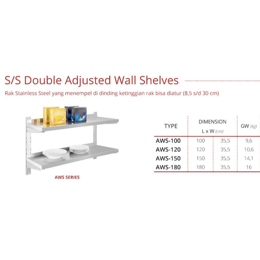 Jual S/S Double Adjusted Wall Shelves Getra AWS-100 / Rak Stainless ...
