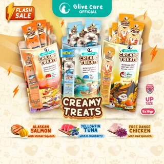 Olive Care FLASH SALE PAKET CREAMY TREATS 16gr UP SIZE Isi 5pcs Snack Cemilan Kucing Bernutrisi dengan Daging Tuna/Salmon/Ayam Asli with Highbush Blueberry/WinterΒ Squash/Red Spinach