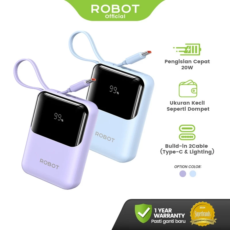 ROBOT Powerbank Mini Fast Charging 20W 9000 mAh Kabel iPhone Android Lighting Type C LED RT16 Original