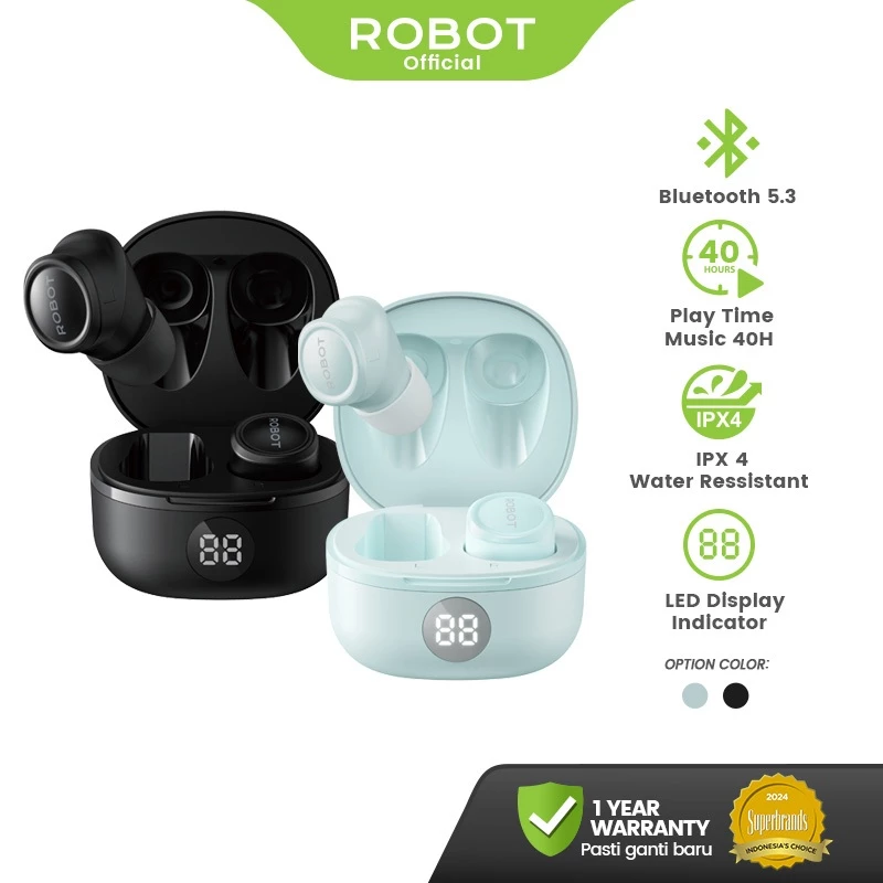 ROBOT TWS True Wireless Bluetooth Earphone Airbuds T80 Water Resistant IPX 4 BT 5.3 - Garansi 1 Tahun