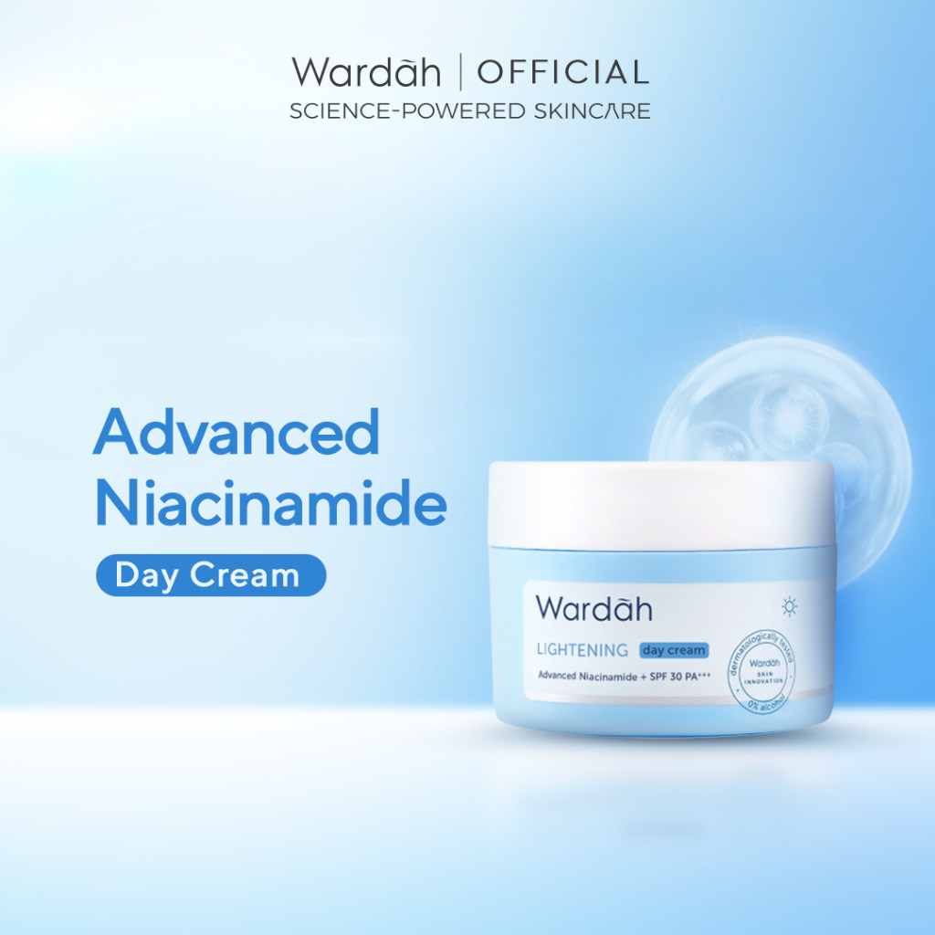 Wardah Lightening 5% Niacinamide + Bisabolol Moisturizer Day Cream - Pelembab Wajah dengan UV dan Blue Light Protection, Niacinamide ADV+Allantoin - Melembapkan, Melindungi, Mencerahkan Kulit Kusam, Bekas Jerawat, Belang - Kulit Normal Cenderung Berminyak