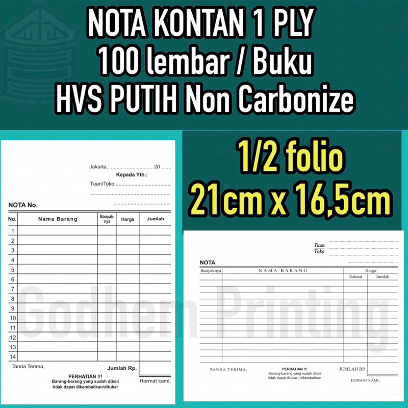 Jual 100 lembar nota kontan rangkap 1 PLY ( 1/2 - 1/4 -1/3 folio ...