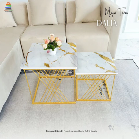 Meja Tamu Kotak Aesthetic Meja Sofa Minimalis - MEJA DALIA - Set Susun 2 Besi Holo Marmer