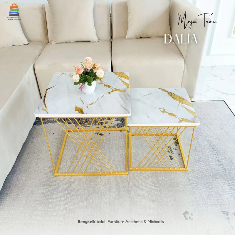 Meja Tamu Kotak Aesthetic Meja Sofa Minimalis - MEJA DALIA - Set Susun 2 Besi Holo Marmer