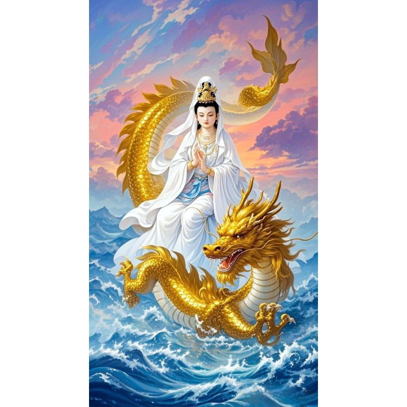 Jual hiasan dinding gambar dewi Kwan im naga emas dilautan ukuran