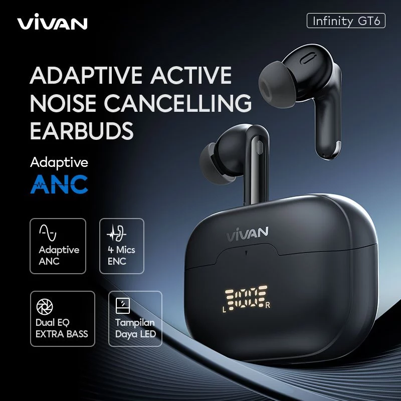 VIVAN TWS Adaptive ANC ENC Infinity GT6 Dual EQ Bass Gaming BT 5.4 Low Latency Garansi 12Bulan