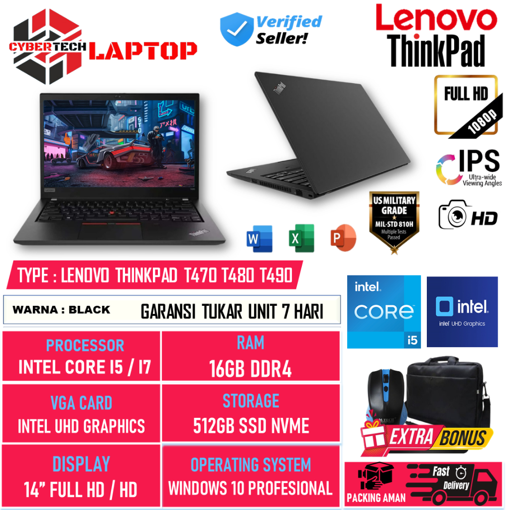 Notebook Lenovo ThinkPad T480 - I5 8350U, 16GB RAM, 512GB SSD, 14" FHD, Tastiera ITA