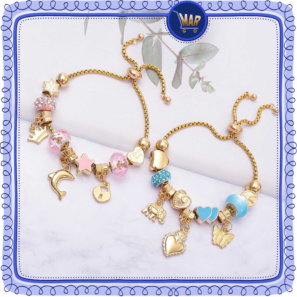 Jual Gelang Serut Charm Manik Perak Emas Bisa Dikecilkan Pandora