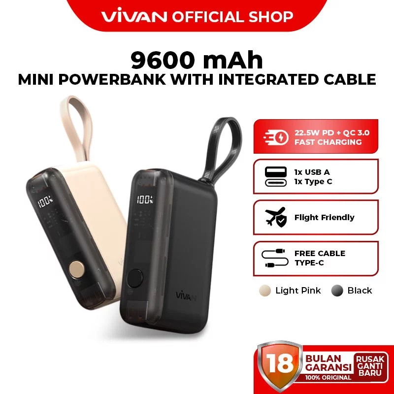 VIVAN Mini Powerbank 9600mAh 22.5W Fast Charging PD QC3.0 Type C Cable Built in Q10 Garansi 18 Bulan