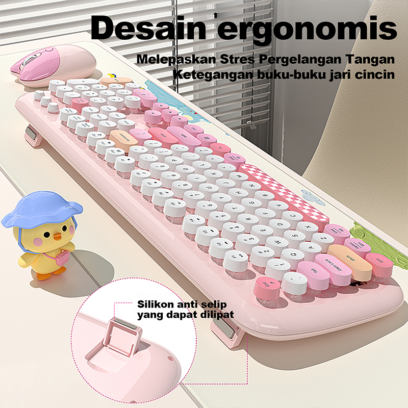 Wireless Keyboard And Mouse Combo, 2.4GHz Full-Sized Colorful Cute Keyboard Mouse Set With Retro