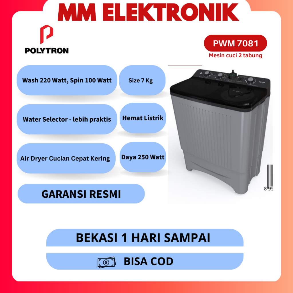Jual TWIN TUB POLYTRON PWM 7081 MESIN CUCI 2 TABUNG 8 KG POLY PWM-7081