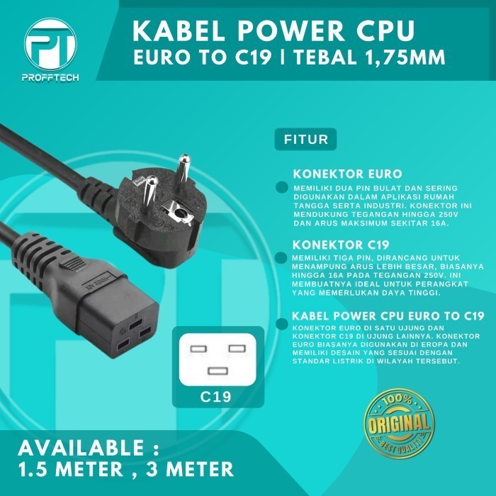 Jual KABEL POWER CPU EURO TO C19 TEBAL 1,75MM 1,5 METER 3 METER ...