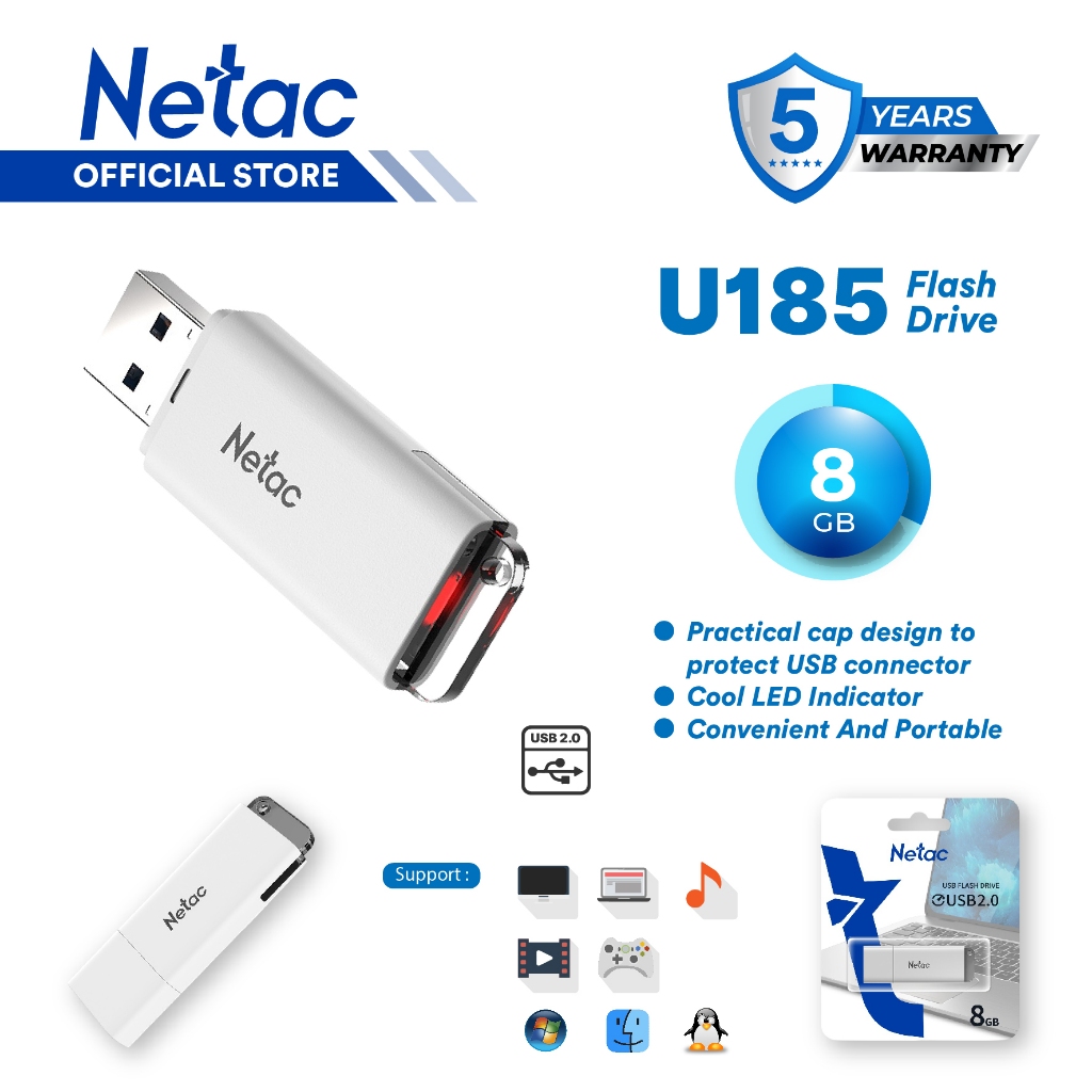 Jual Netac Flashdisk U185 USB 2.0 Flash Drive 8GB/16GB/32GB/64GB/128GB ...
