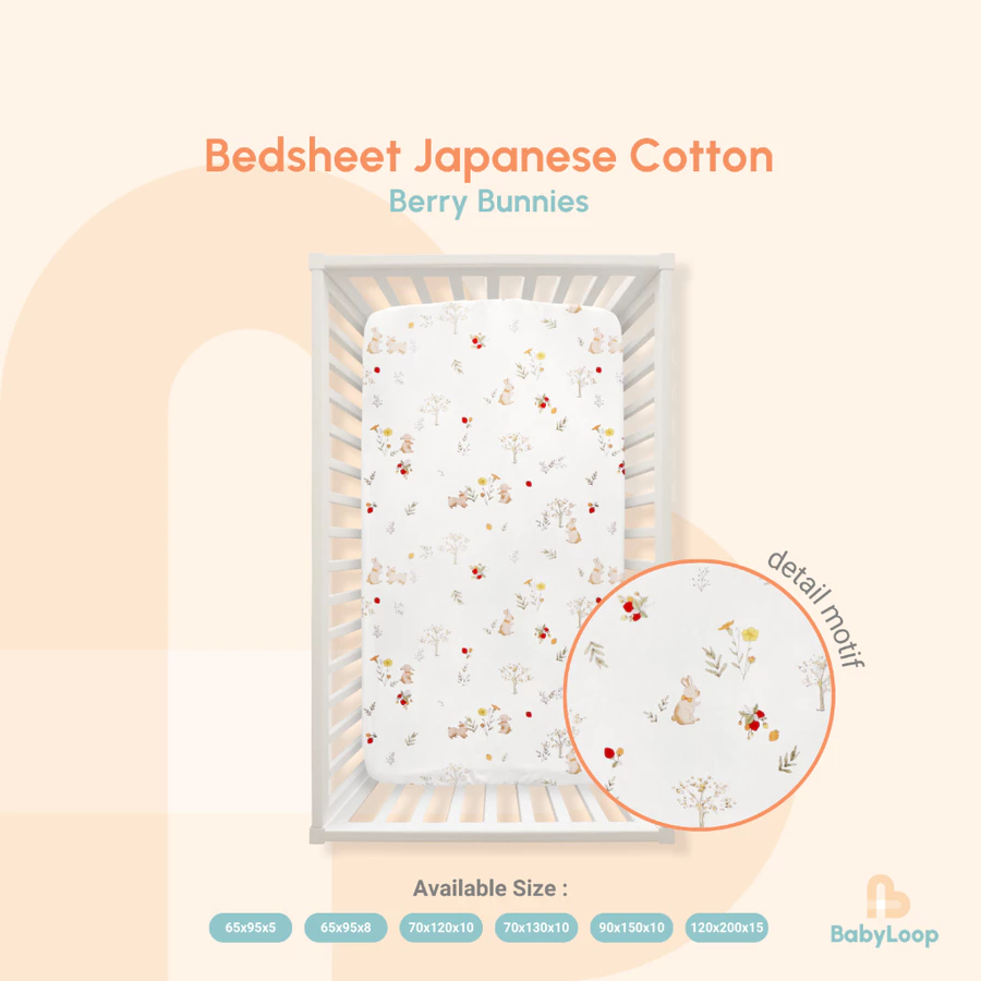 Sprei Katun Jepang - Japanese Cotton Bedsheet Animal - Baby Loop (Berry Bunies, 120x70x10))
