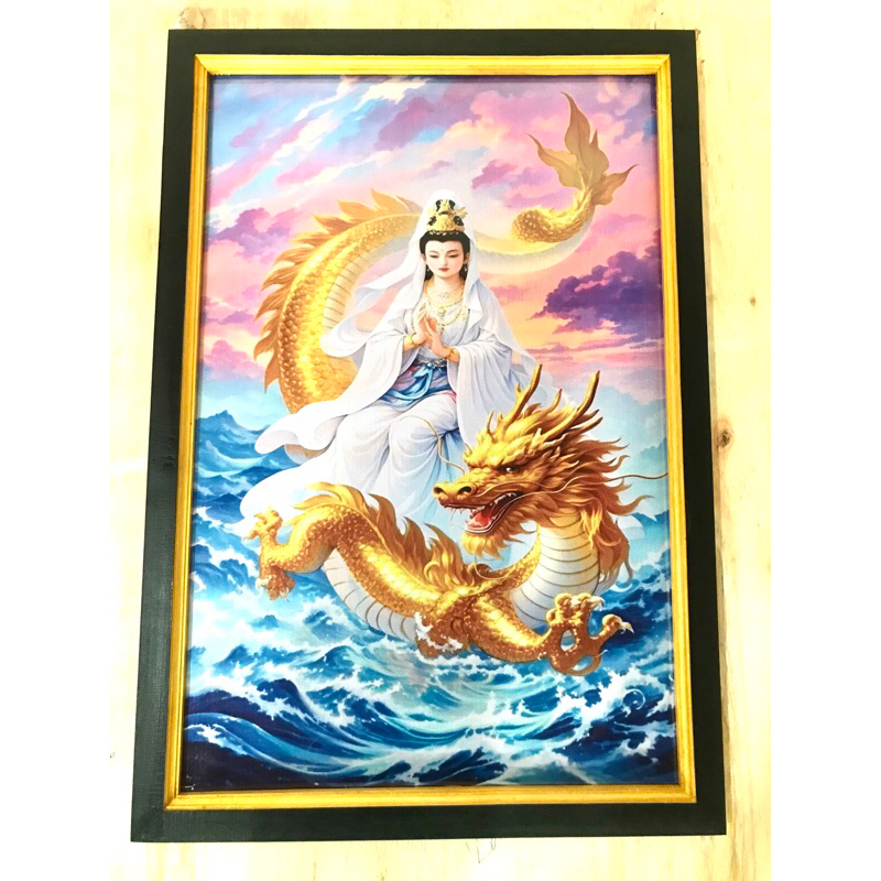 Jual hiasan dinding lukisan cetak gambar dewi kwan’im dan naga emas
