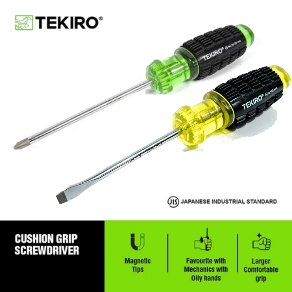 Jual Tekiro Obeng Gagang Karet Plus (+) Minus (-) Hijau Kuning Panjang ...
