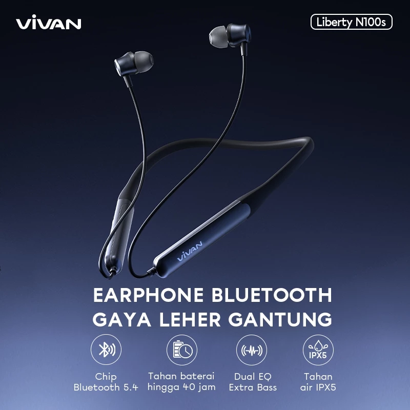 VIVAN Sport TWS Neckband 40H Playtime Low Latency Extra Bass IPX5 Liberty N100S Garansi 12 Bulan 