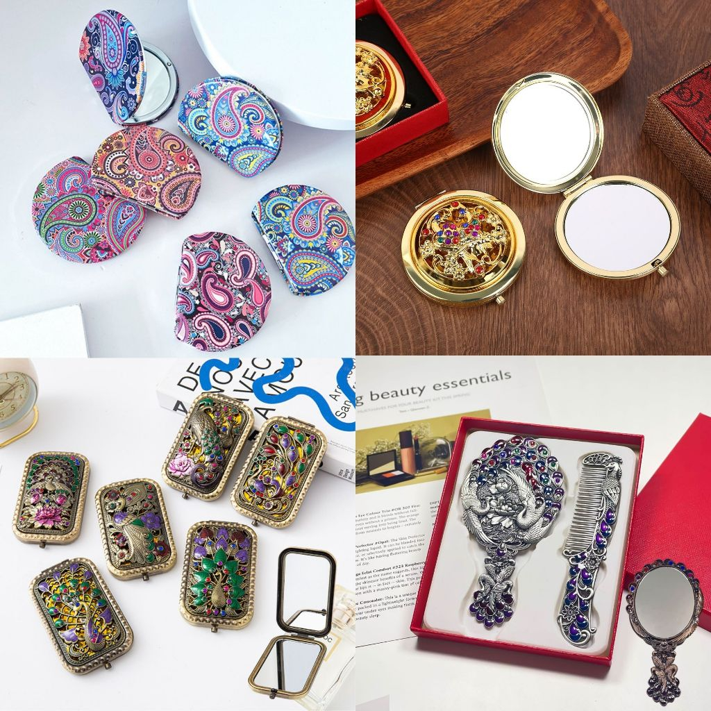 Cermin Lipat Model Bohemian Turki/Ukir Gold RoseGold Silver/ Cermin Set Sisir/Kaca Lipat Saku Etnik - Harga/pc